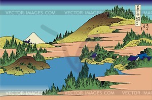 Hokusai. The lake of Hakone in Sagami Province - vector clipart