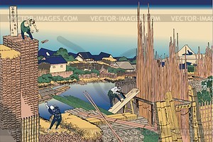 Hokusai. Honjo Tatekawa, the timberyard at Honjo - vector clipart