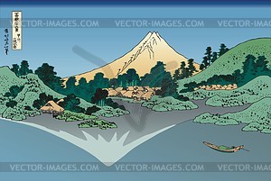 Hokusai. Mount Fuji reflects in Lake Kawaguchi, seen from the Misaka Pass in Kai Province - vector clipart