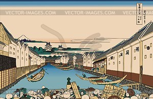 Hokusai. Nihonbashi bridge in Edo - vector clipart