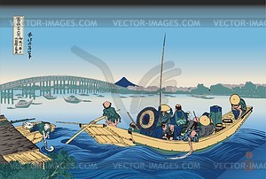 Hokusai. Sunset across the Ryōgoku bridge from the bank of the Sumida River at Onmayagashi - vector clipart