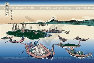 Hokusai. Tsukuda Island in Musashi Province - vector clipart