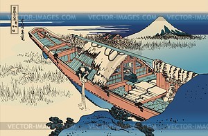 Hokusai. Ushibori in Hitachi Province - vector clipart