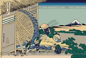 Hokusai. Watermill at Onden - vector clipart