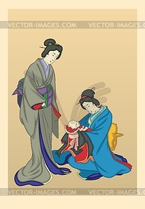 Two women with a baby (by Chikanobu) - vector clipart