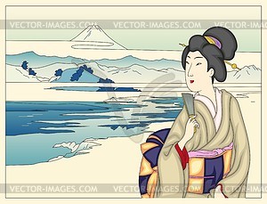 Woman viewing Fuji (by Chikanobu) - vector clipart