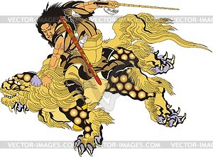 Samurai warrior riding a lion (by Hokusai) - vector clipart