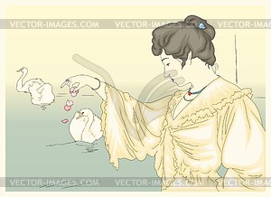 Woman and white swans (by Kiyokata) - vector clipart