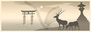 Itsukushima torii with stone lantern and deer (by Koson) - vector clipart