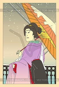 Japanese woman with umbrella (by Kunichika) - vector clipart