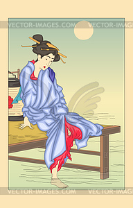 Woman sitting on a pier (by Yoshitoshi) - vector clipart