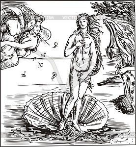 Birth of Venus; by S. Botticelli - white & black vector clipart