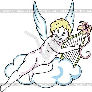 Ангелочек с арфой на облаке - векторный клипарт