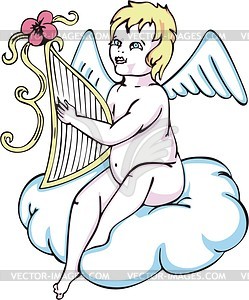 Angel holding harp on a cloud - vector clipart