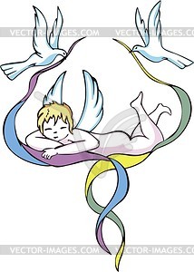 Doves and angel lying on ribbons - vector clipart