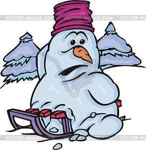 Snowman on a sled - vector clipart
