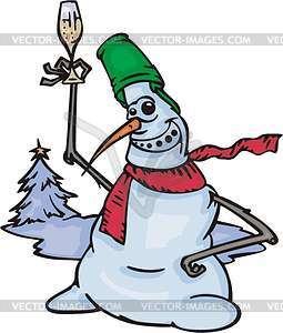 Snowman with a glass of champagne - vector clipart