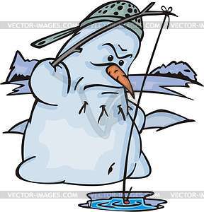 Snowman fisherman - vector clipart