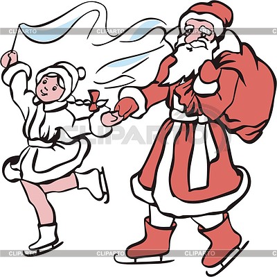 Дед Мороз и Снегурочка на коньках | Векторный клипарт |ID 2010804
