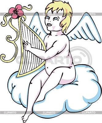 Ангелочек на облаке держит арфу | Векторный клипарт |ID 2025403