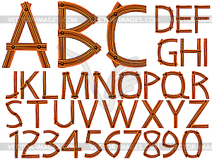 Wooden alphabet and numbers - vector clipart