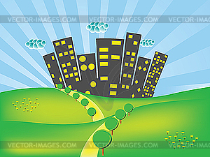 City and fields - vector clipart