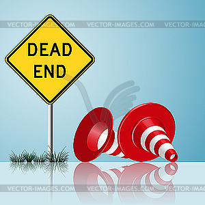 Dead end sign with cones and grass - vector clip art