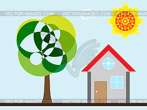 Дерево дом и солнце - векторное изображение клипарта