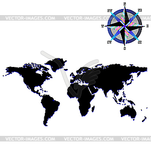 Black world map with wind rose - vector clipart