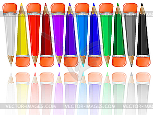 Reflected pencils collection with rubbers - vector image