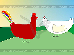 Chicken and rooster drawing - vector clipart