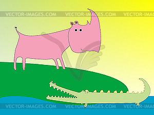Drawing of crocodile and rhino - vector image