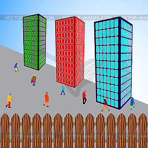 Офисных зданий двор и забор - иллюстрация в векторе