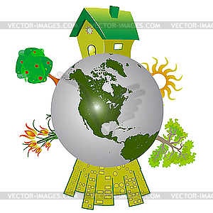 Земной шар с деревьями и зданиями - векторное изображение