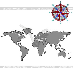 Gray world map with wind rose - vector clipart