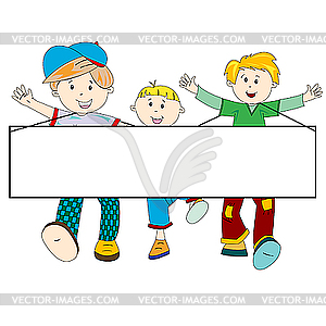 Happy kids cartoon with blank banner - vector clip art