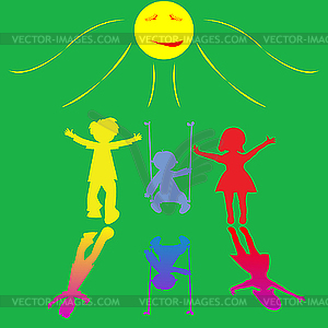 Happy little children playing on sunny background - vector image