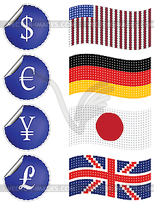 International currency labels with flags - vector clip art