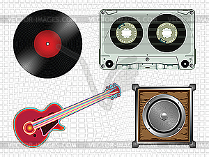 Аудиокассета, динамик, гитара и пластинка - векторное изображение EPS