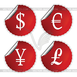 Red labels with international currency symbols - vector clip art