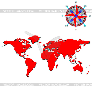 Red world map with wind rose - royalty-free vector clipart