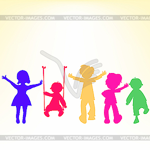 Retro little kids silhouettes over shiny background - vector clip art