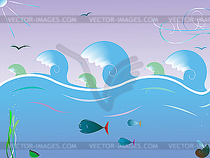 Волны на море и рыбы под водой - изображение в векторном формате