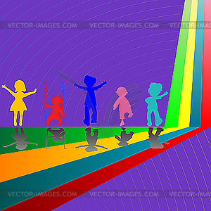 Silhouettes of children playing on purple background - vector image