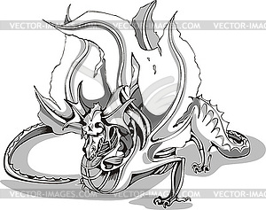 Черно-белый эскиз дракона - векторный графический клипарт