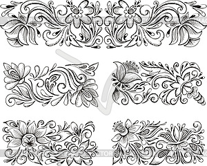 Symmetric horizontal floral patterns - white & black vector clipart