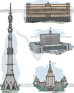 KGB, White House, MSU and Ostankino TV tower - vector clip art