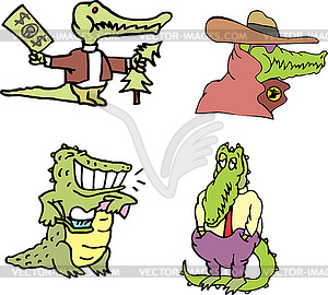 Set of comic human-like gators (crocomen) - vector image