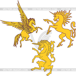 Set of mythic heraldic unicorns and pegasus - vector clipart