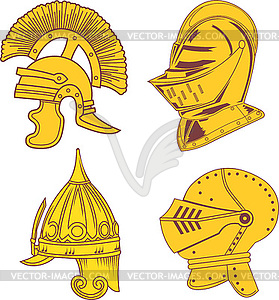 Набор геральдических шлемов - средневековых, древних, - изображение в векторе / векторный клипарт